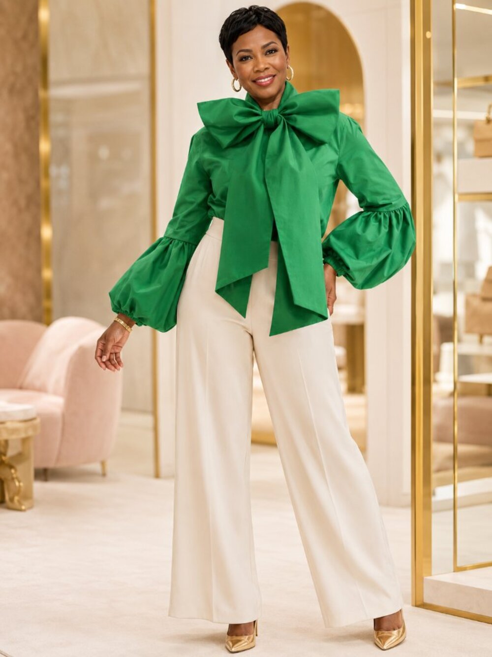 Emerald Green Oversized Bow Balloon Sleeve Statement Blouse XL
